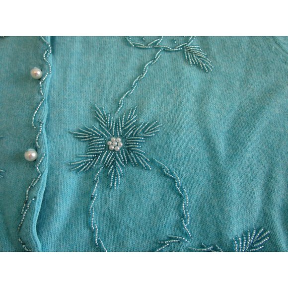 Lucky Brand Light Blue Beaded Cardigan Faux Pearl Button Wool Blend Ladies L EUC - Picture 10 of 16